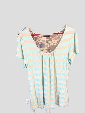 Deb Mint and Cream Striped Scoop Neck Tee with Lace Back Panel